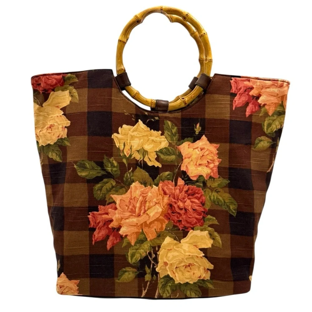 Cynthia Hart Los Angeles Floral Plaid Tote Bag Purse Bamboo Handles Gold Brown - Picture 3 of 14